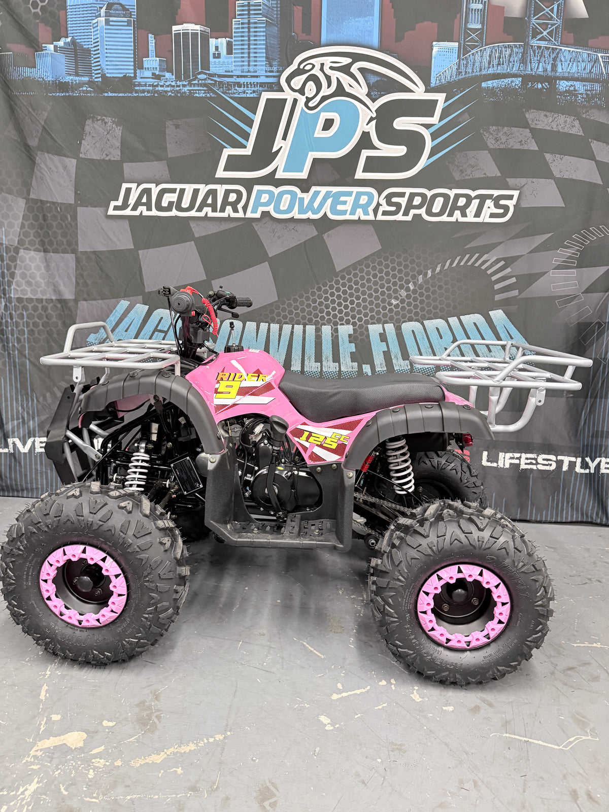 Rider 9 125cc Fully Automatic With Reverse Youth ATV -Utility Off Road Quad - Pink - Side view