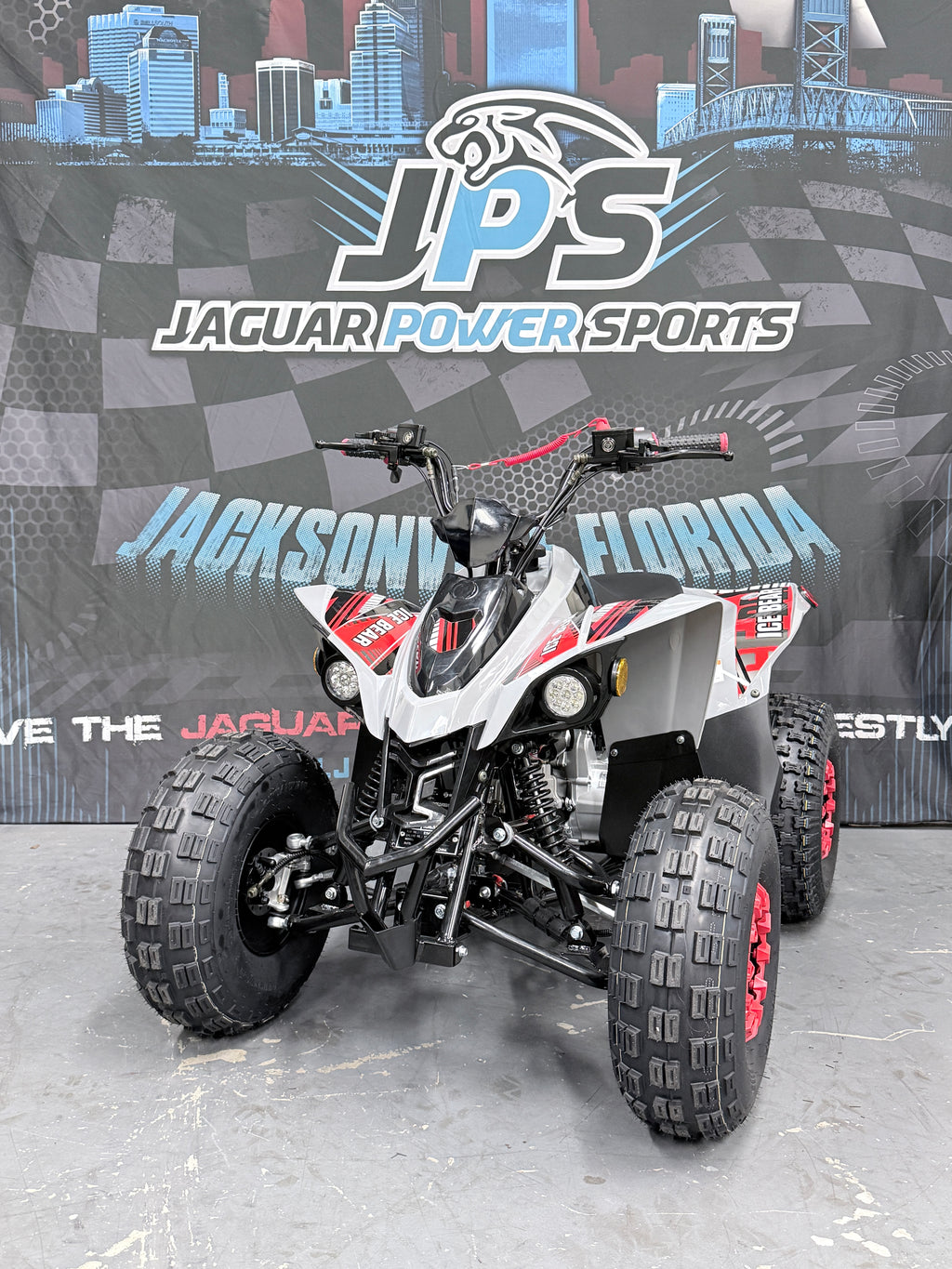 Icebear SYX 125cc Electric Fuel Injected (EFI) Automatic Youth ATV - Sport Quad - Red / Grey - Front view