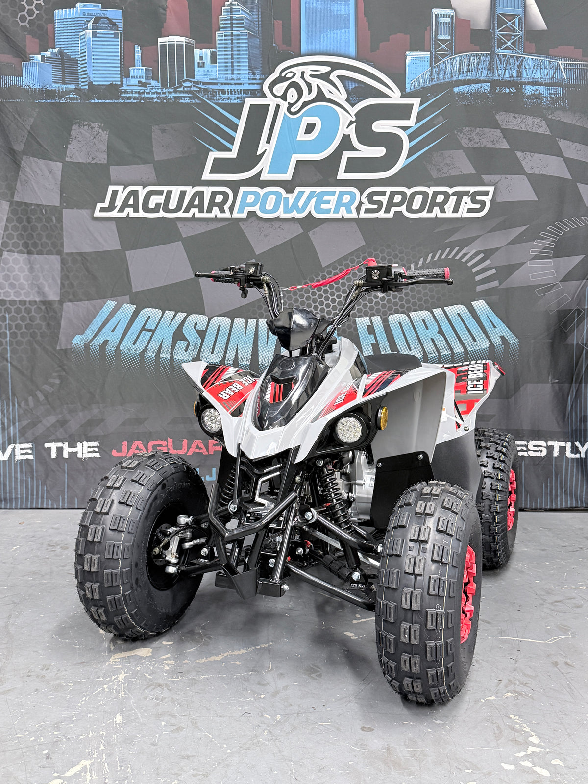 Icebear SYX 125cc Electric Fuel Injected (EFI) Automatic Youth ATV - Sport Quad - Red / Grey - Front view
