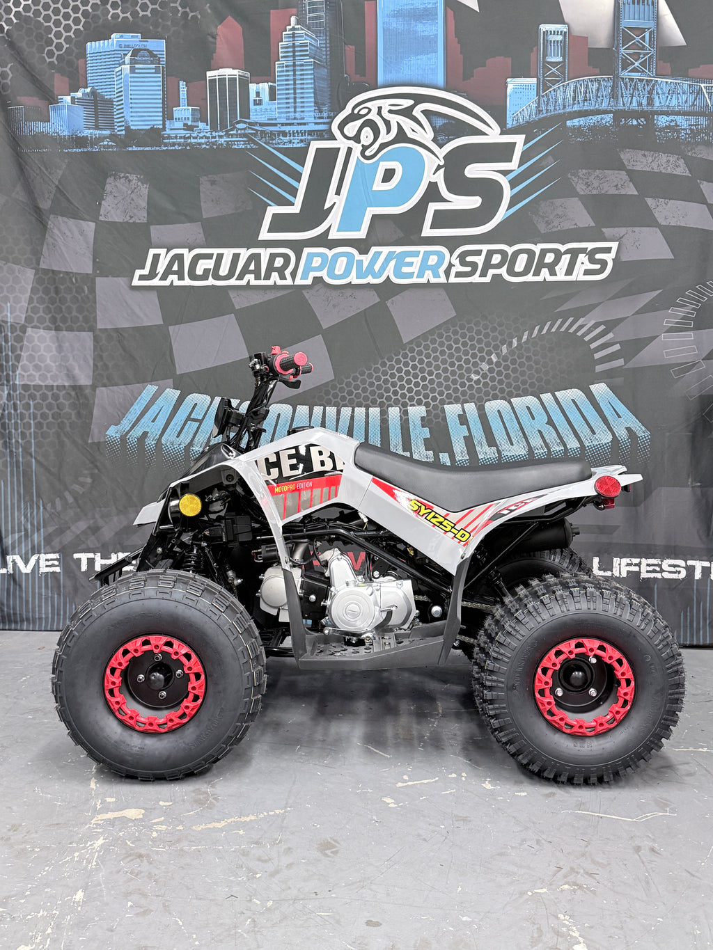 Icebear SYX 125cc Electric Fuel Injected (EFI) Automatic Youth ATV - Sport Quad - red / grey - Side view