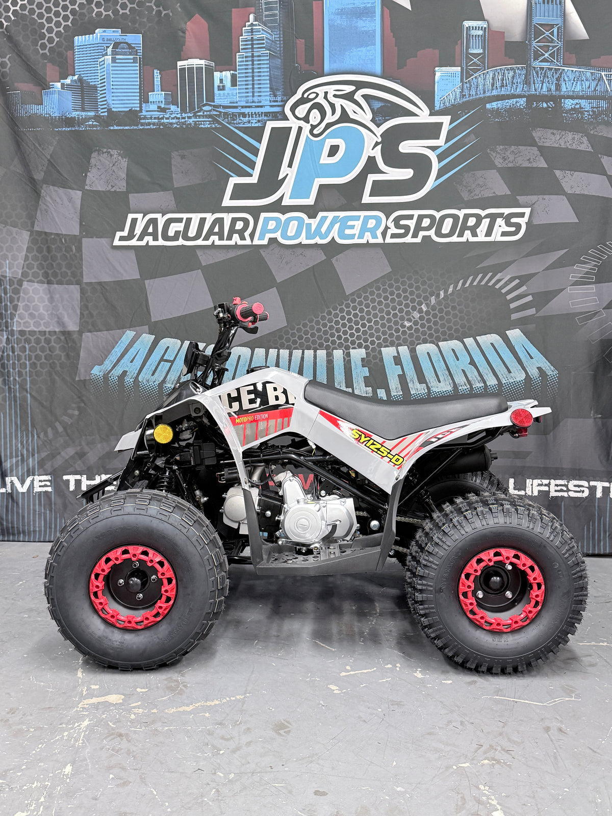 Icebear SYX 125cc Electric Fuel Injected (EFI) Automatic Youth ATV - Sport Quad - red / grey - Side view