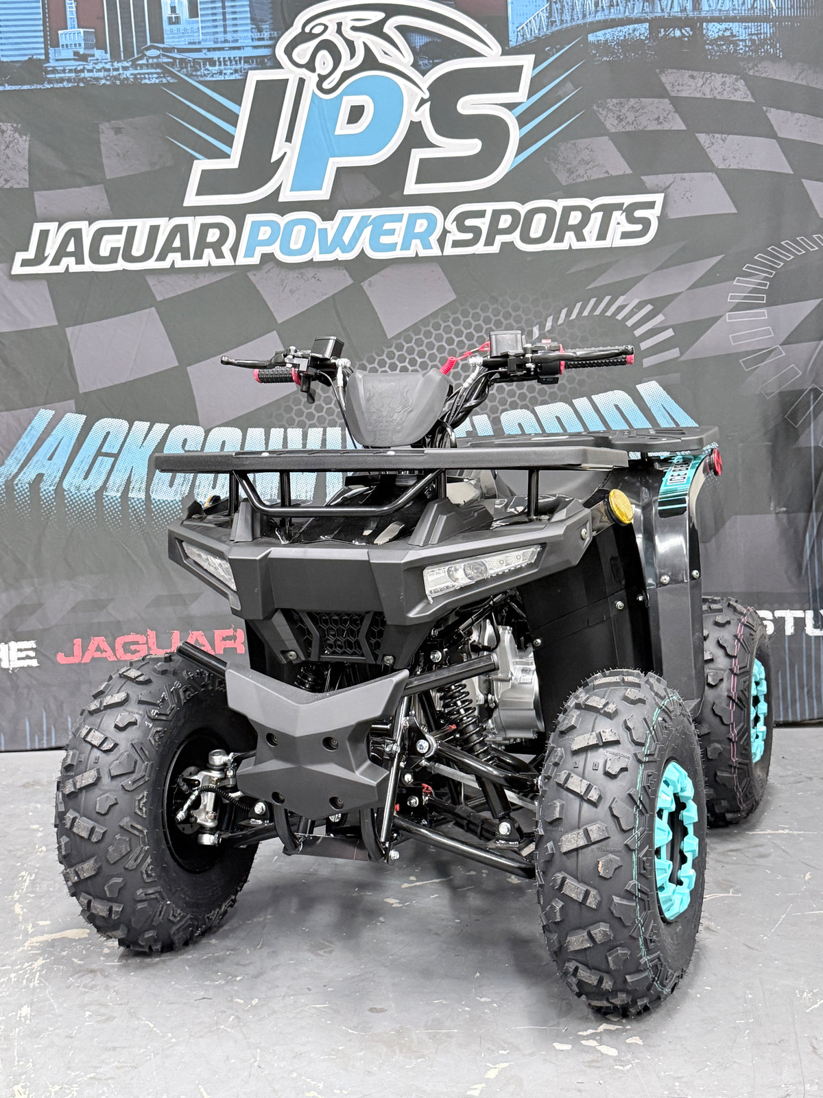 Icebear SYX 125cc Electric Fuel Injected (EFI) Automatic Youth ATV - Utility Quad - Black / Blue - Front view