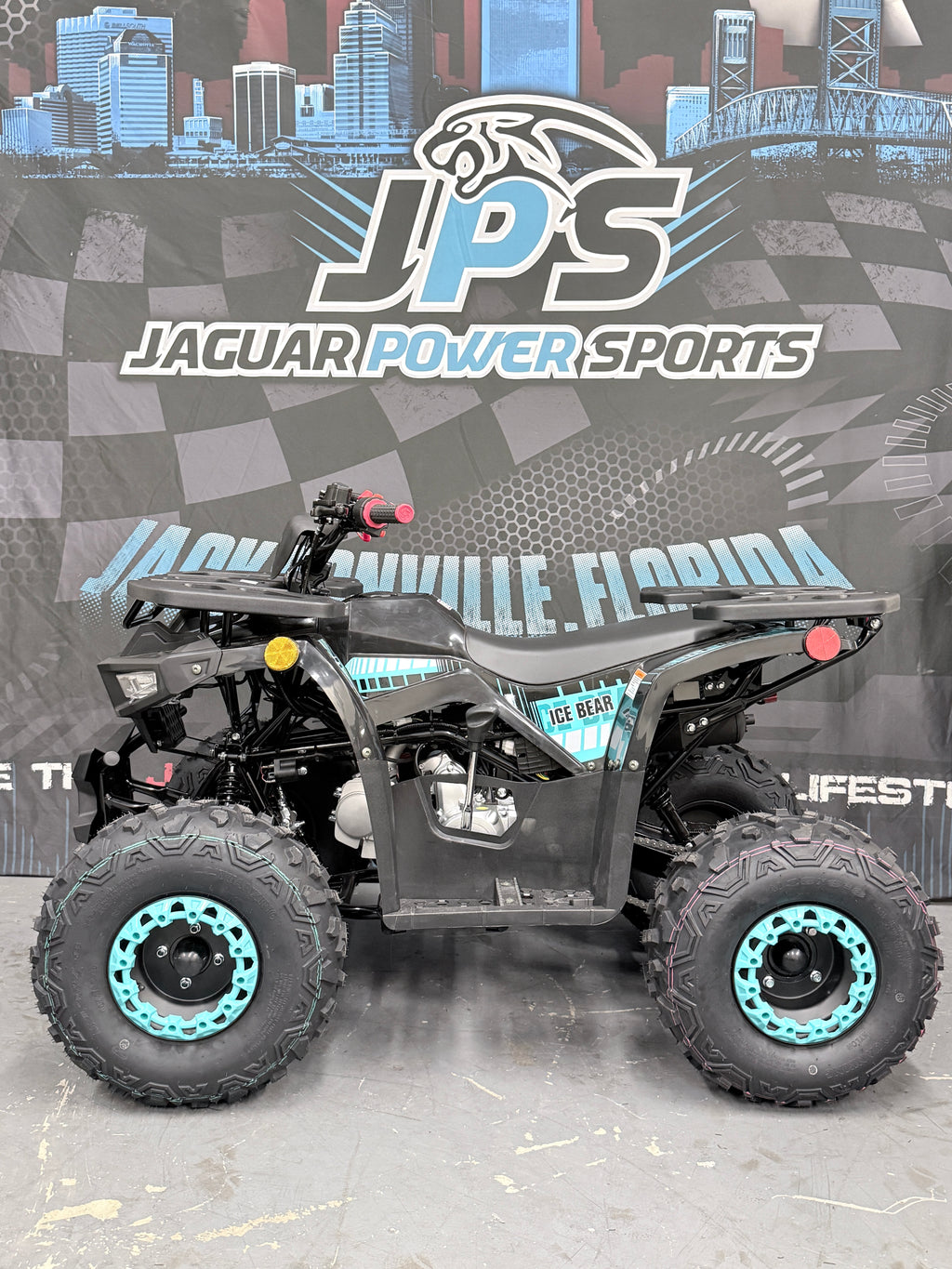 Icebear SYX 125cc Electric Fuel Injected (EFI) Automatic Youth ATV - Utility Quad - Black / Blue - Side View