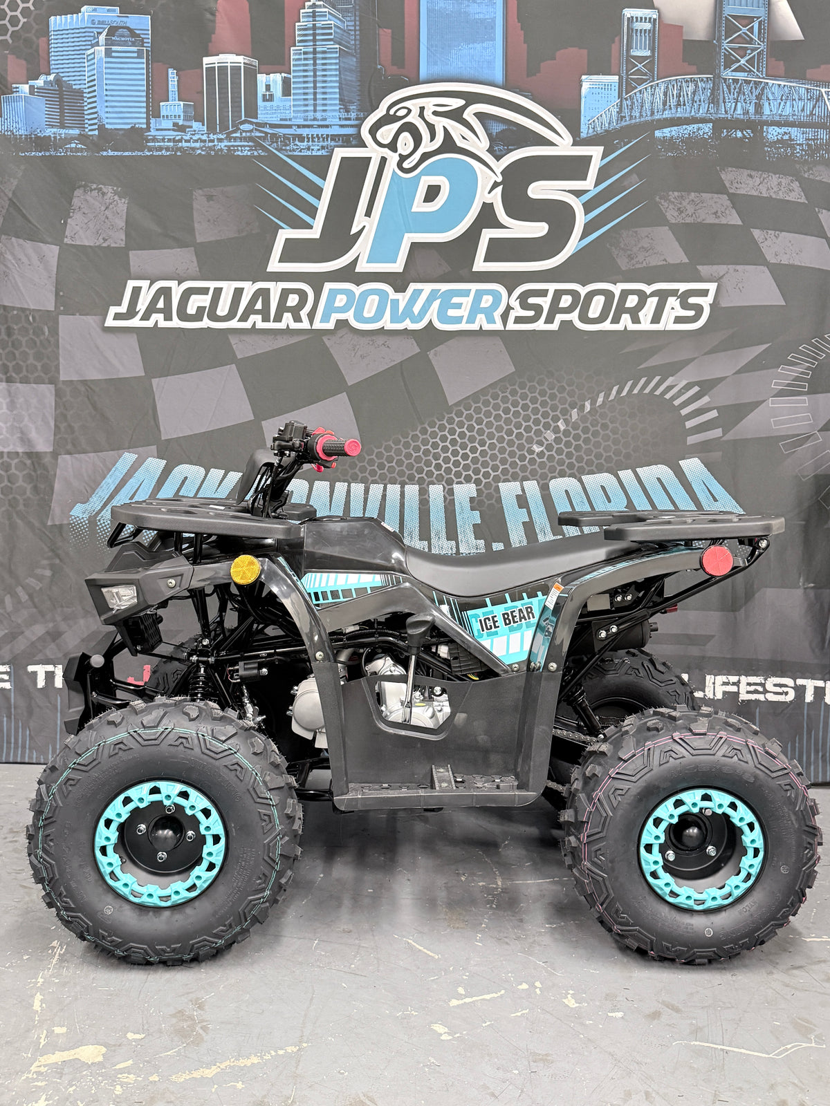 Icebear SYX 125cc Electric Fuel Injected (EFI) Automatic Youth ATV - Utility Quad - Black / Blue - Side View