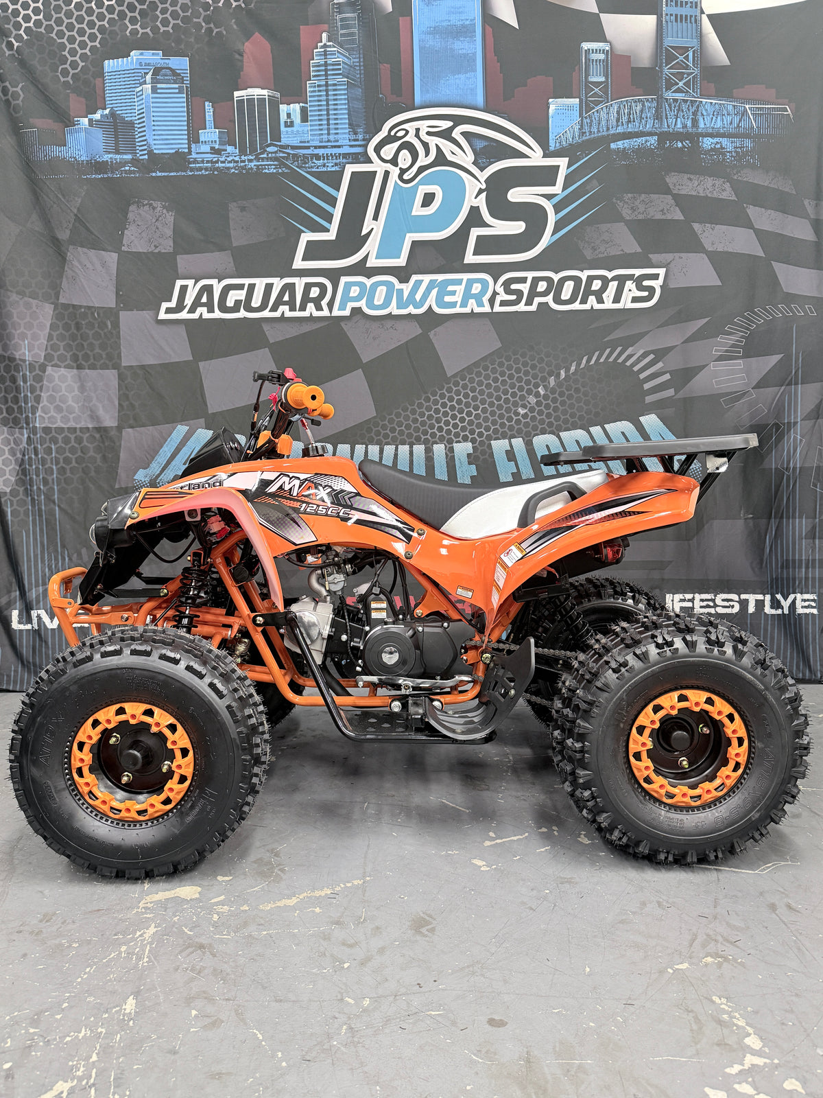 Max 125cc Fully Automictic With Reverse Youth ATV - Sport Off Road Quad - Orange - Side View