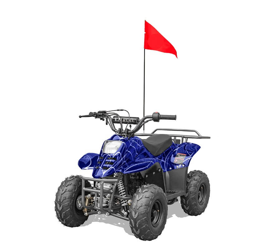 Blue Hawk-REX-Banshee mini-sport 110cc quad bike with red flag on white background, Jacksonville, FL